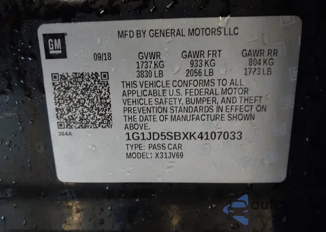 2019 Chevrolet Sonic Lt Auto z USA, uszkodzony, nr VIN 1G1JD5SBXK4107033